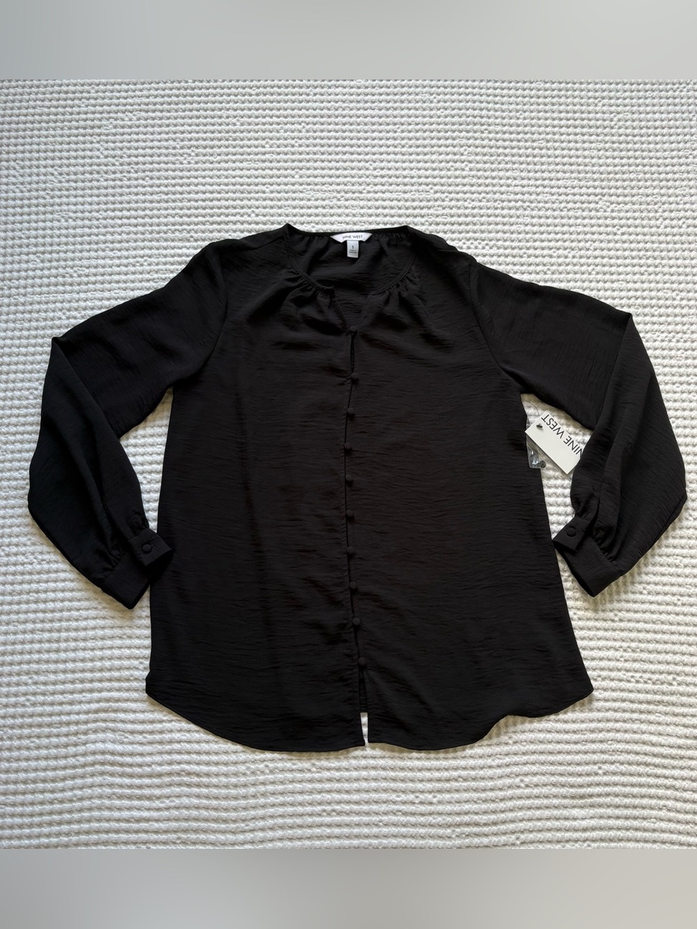 NWT Nine West Black Button Front Blouse Long Sleeve Work Office Dressy - Small